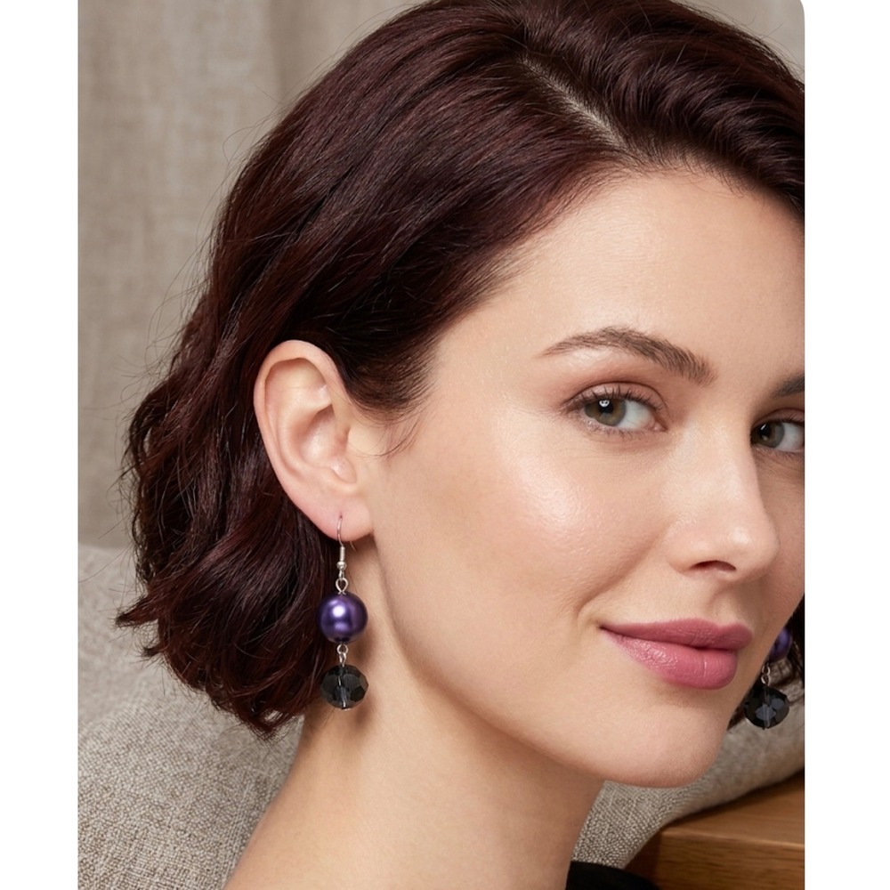 Hugo Women Purple Faux Pearl Black Faceted Bead Dangle Drop Earrings 1.5"